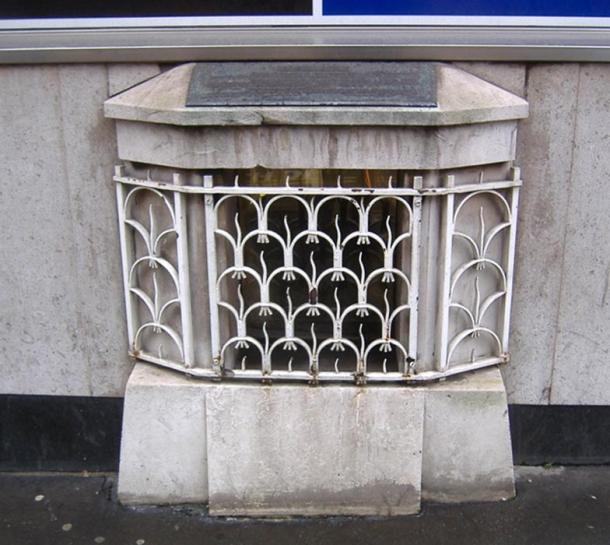 The London Stone, in its grille in Cannon Street before it was moved recently to the Museum of London.