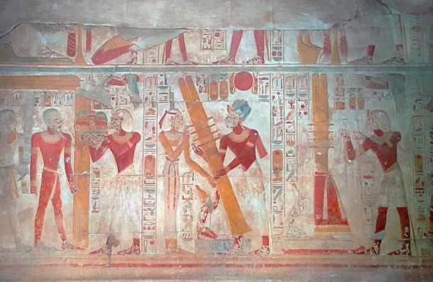 A scene on the west wall of the Osiris Hall that is situated beyond the seven chapels and entered via the Osiris Chapel. It shows the raising of the Djed pillar