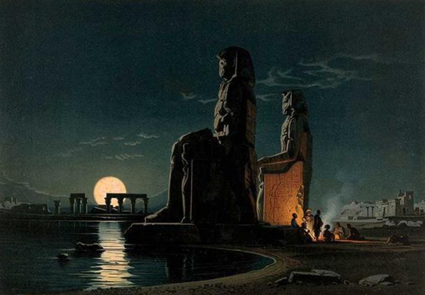 Drawing of the ancient Egyptian Colossi of Memnon.