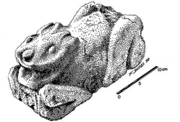 An illustration of the leporid sculpture from the Oztoyahualco compound of Teotihuacan. 