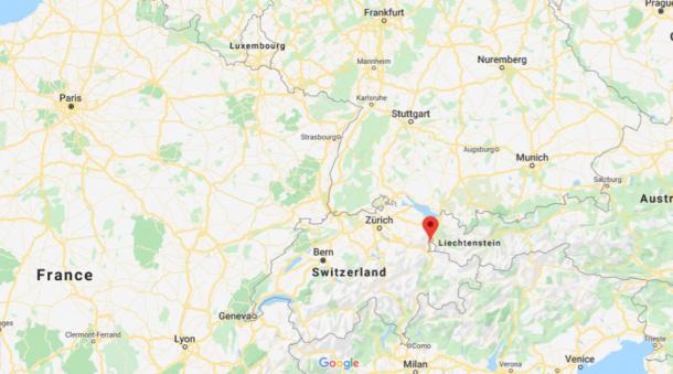 The location of Liechtenstein - between Switzerland and Austria (Google Maps)