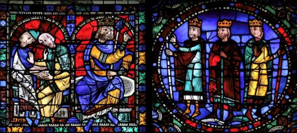 The Magi before King Herod, on a 13th-century stained glass window in Chartres Cathedral, France. (Lawrence OP / CC BY-NC-ND 2.0)