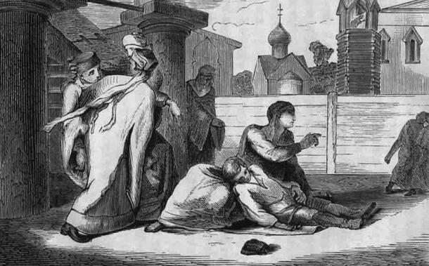 Engraving depicting the murder of Tsarevich Dmitri of Uglich (1870)