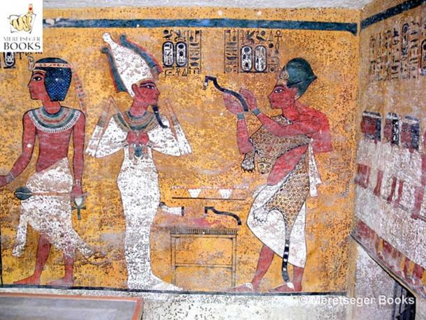 This scene on the north wall in KV62 shows King Aye, who wears the Blue Crown and the leopard-skin robe of sem priest, perform the “Opening of the Mouth” ritual on the mummy of Tutankhamun. 18th Dynasty. (Photo: Meretseger Books)