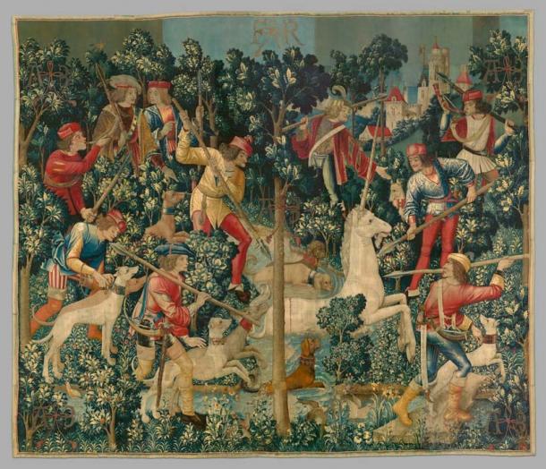The third tapestry of the Unicorn Tapestries - The Unicorn is Attacked or The Unicorn Leaps into the Stream. (The Public Domain Review / Public Domain)