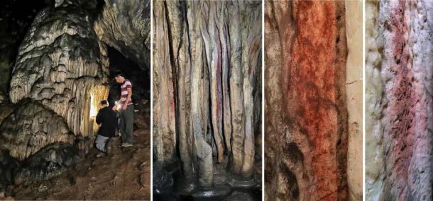 La sección de estalagmitas de la cueva de Ardales en Málaga, España, que ha sido pintada con ocre rojo, un pigmento que la convierte posiblemente en la pintura neandertal más antigua jamás encontrada en una cueva europea. (Universidad de Barcelona)