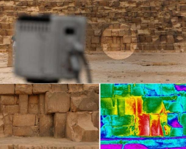 A thermal anomaly detected on the eastern side of the Great Pyramid, also known as Khufu or Cheops, at the ground level.