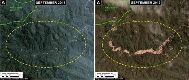 These images show how illegal gold mining causes deforestation in the buffer zone of the Amarakaeri Communal Reserve. (SERNANP / Monitoring of the Andean Amazon Project)