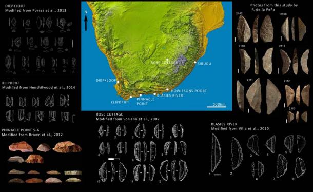 This image shows some of the lithic tool copies and the location of the seven sites analyzed in the breakthrough study. (Scientific Reports )