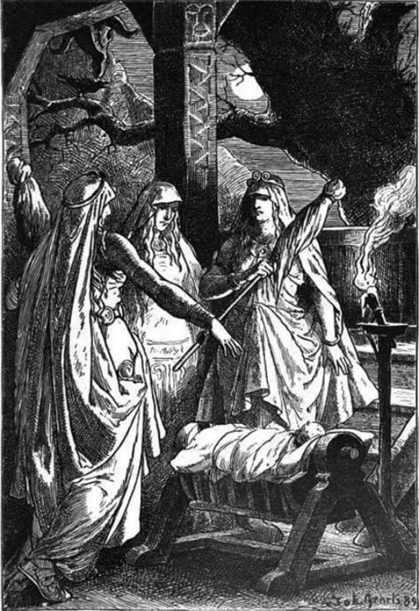 Illustration, the three Norns surround a child, deciding his fate. (1889)