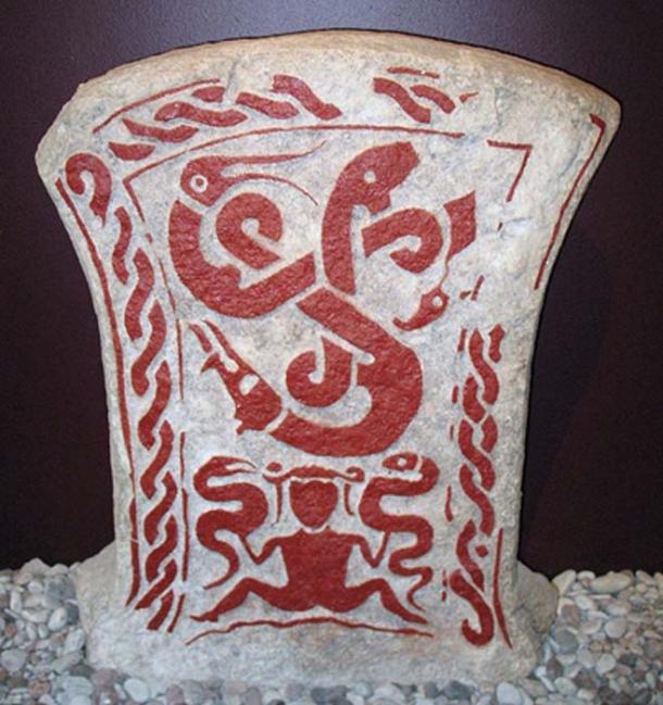 Vitastjerna's dream with the three entwined snakes symbolizing Graip, Gute, and Gunfjaun, with her at the bottom of a picture stone from Smiss in När, Gotland.