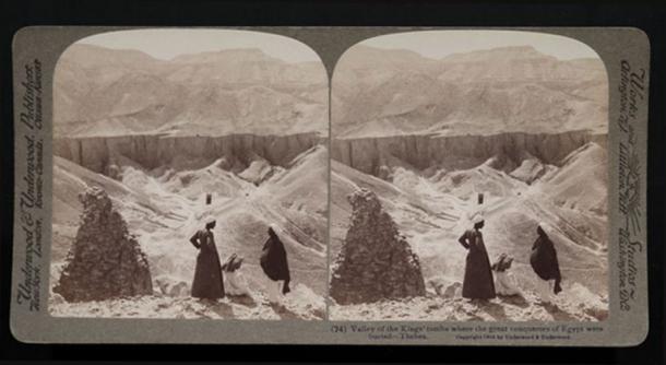 A stereograph shows three men outside the tombs in the Valley of the Kings, 1904.