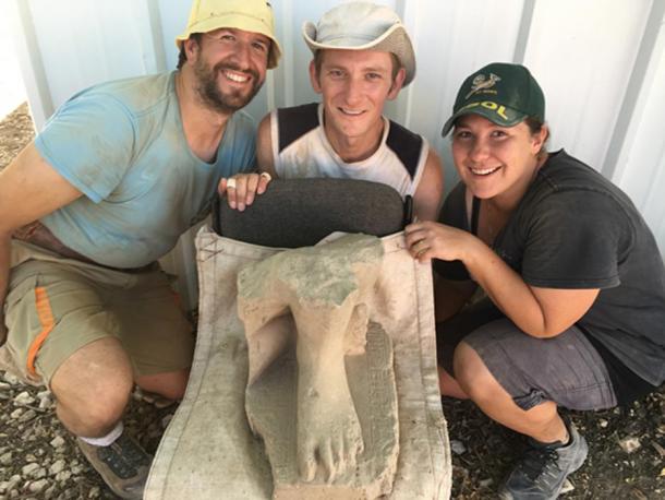 The three volunteer excavators who found the statue, from left to right: Valentin Sama-Rojo from Spain, Bryan Kovach from the United States, and Elanji Swart from South Africa.