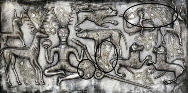 Three flower-like motifs (circled) adorn the background patterns. (Nationalmuseet/CC BY-SA 3.0)
