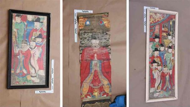 Three of the scroll paintings that had been loaded to the FBI stolen art database. (FBI Boston)