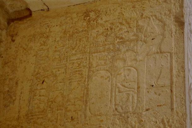 Partial titulary of pharaoh Amenemhat IV (end 12th Dynasty) on a relief from the temple of Medinet Maadi, Faiyum. Representational image.