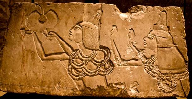Originally from his tomb in Tell el-Amarna, this limestone relief depicts Vizier Aye and his wife Tey receiving the Gold of Honor from Akhenaten, at the Window of Appearances. It was extremely rare for a woman to be bestowed with this honor. King Tut exhibit, Pacific Science Center, Seattle. (Photo: Dmitry Denisenkov/CC BY-SA 2.0)