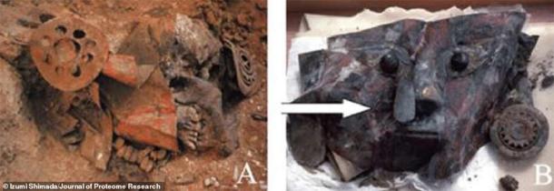 The tomb was excavated in the 1990s and archaeologists originally thought that the red maint on the was cinnabar paint. (ACS Journal of Proteome Research)