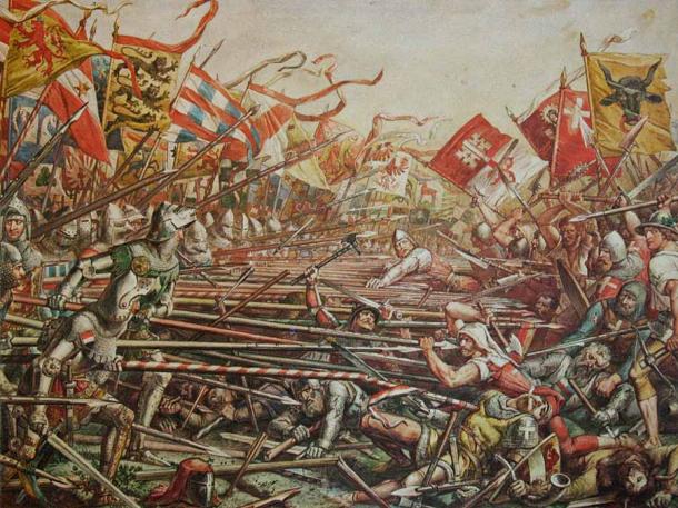 It took a long while for the Swiss pikemen to be a force of nature. In the 1386-AD Battle of Sempach, painted here by Karl Jauslin, the Swiss lost because the other side had long pikes that effectively made the halberd spear-axe inferior. And it was a few more years before they understood the power of the pike! (Karl Jauslin / Public domain)