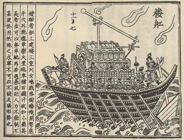 A tower ship with a traction-trebuchet catapult on its top deck, circa 1044 AD. Trebuchets and siege weapons were used within the tower ships employed during the Battle of Lake Poyang. (Public domain)