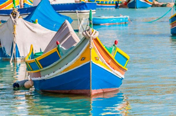 Two Eyes of Horus can be seen at the front of this traditional Luzzu boat at Marsaxlokk harbor in Malta