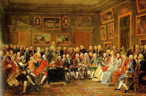 Reading of Voltaire's tragedy of the Orphan of China in the salon of Marie Thérèse Rodet Geoffrin in 1755, by Anicet Charles Gabriel Lemonnier, circa 1812. (Public domain)