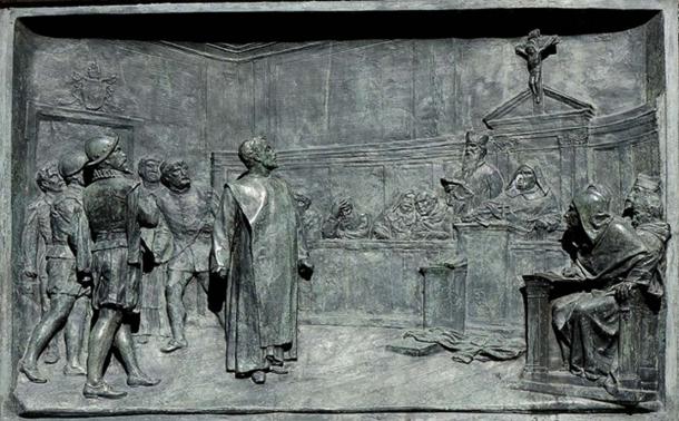 The trial of Giordano Bruno by the Roman Inquisition. Bronze relief by Ettore Ferrari, Campo de' Fiori, Rome