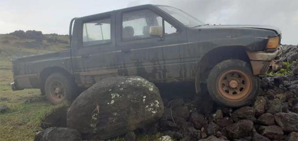 The truck entered the protected area and plowed into an ahu, which included a moai statue. (Image: Comunidad Indígena Ma'u Henua)