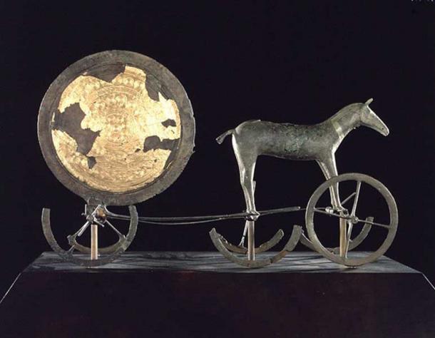 The Trundholm sun chariot - a Nordic Bronze Age artifact discovered in Denmark. It shows a sun chariot, a bronze statue of a horse, and a large bronze disk.