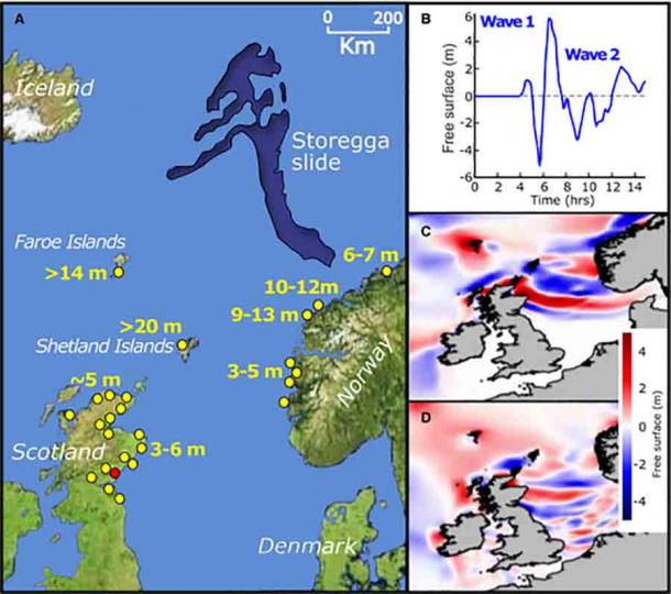 El tsunami de Storegga. A. Ubicación del deslizamiento de tierra que causó el tsunami y ubicación de los sitios costeros donde se reportaron depósitos de tsunami y olas estimadas en estos sitios. La cuenca de Montrose en el este de Escocia se muestra como un círculo rojo. B. Medidor de olas de tsunami modelado usando batimetría moderna para el este de Escocia. C y D. Mapa modelado de las olas de un tsunami que muestra la distribución de la primera y la segunda ola principal que azotó Escocia. (Bateman et al. 2021)