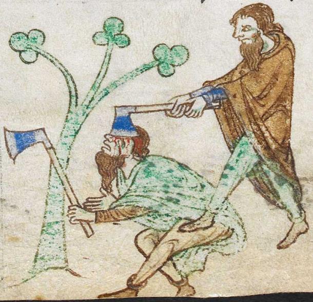 Una ilustración de dos irlandeses empuñando un hacha del Royal MS 13 B VIII (Topographia Hibernica).