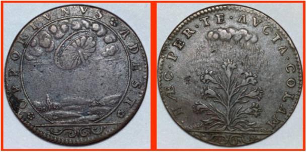 The two sides of the jeton, one with the circular image in the sky and the other with a plant and rain.