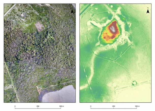 Dos imágenes de exactamente la misma zona del yacimiento de Salvatierra. Izquierda: un mosaico de fotos de imágenes de drones; derecha: imagen Lidar. (Heiko Prümers / DAI)
