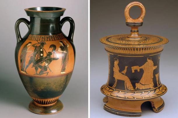 Dos de los objetos dañados en el Museo de Arte de Dallas, un ánfora de panel de figuras negras, a la izquierda, y una píxide y tapa de figuras rojas, a la derecha, son cerámicas antiguas de Grecia. (Museo de Arte de Dallas)
