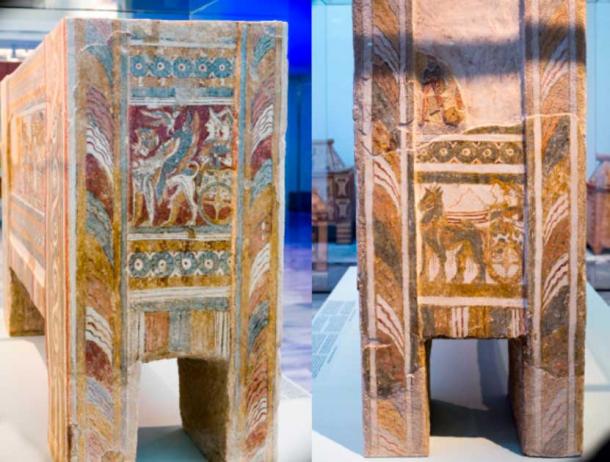 The two sides of the Hagia Triada sarcophagus contain additional panels with people in animal-drawn chariots (ArchaiOptix / CC BY SA 4.0 left and right)