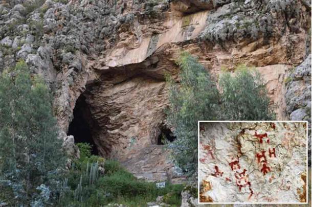 Two of the entrances to the cave system at Callacpuma which is the home to many examples of rock art. Inset; Rock art found at the site.  (Jycamposh/CC BY-SA 4.0, Inset; Visita Cajamarca)