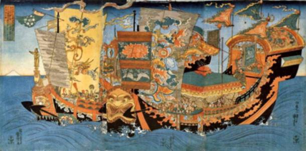 A 19th century ukiyo-e by Kuniyoshi depicting the ships of the great sea expedition sent around 219 BC by the first Chinese Emperor, Qin Shi Huang, to find the legendary home of the immortals, the Mount Penglai, and retrieve the elixir of immortality. 