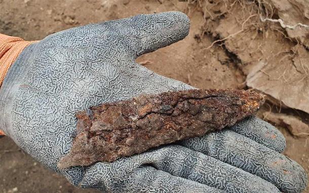A weapon uncovered in the Lachish Forest excavation, probably used in battle in the Hellenistic period. (Ganor, Israel Antiquities Authority)