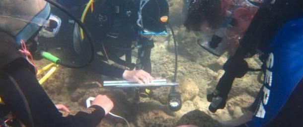 Haifa University underwater archaeologists exploring the seabed at Tel Dor. 