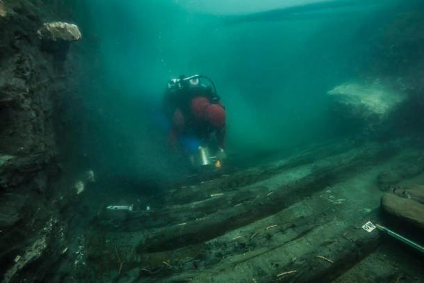 The underwater Egyptian military ship recently discovered underwater at Thonis-Heracleion, located in the Nile Delta just north of Alexandria, Egypt.            (Ministry of Tourism and Antiquities)