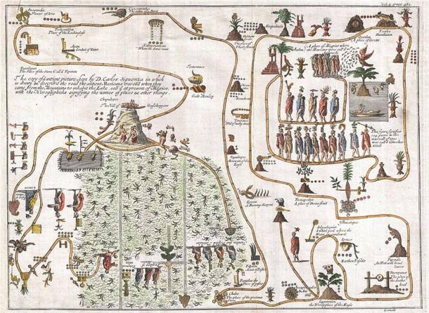This unusual 1704 map, drawn by Giovanni Francesco Gemelli Careri, is the first published representation of the legendary Aztec migration from Aztlan, a mysterious paradise somewhere to the northwest of Mexico, to Chapultepec Hill, currently Mexico City
