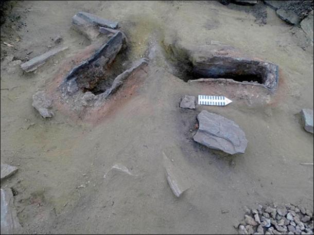 Professor Artur Kharinsky (right on the top picture) said: 'We are lucky to find this. Firstly, we managed to find and save these unusual remains of ancient metallurgy from destruction.' 