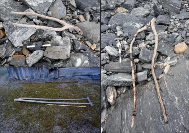 Upper left) an object interpreted as a tong (a clamp for holding fodder on a sled or wagon) dated to the Late Roman Iron Age; right) a similar, undated object, also from the pass area; lower left) a historical example from Uppigard Garmo, pre-dating c. 1950. (Glacier Archaeology Program & R. Marstein)