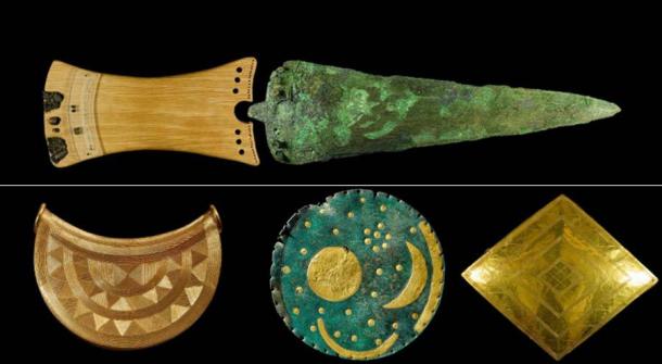 From upper left clockwise: Bronze Age sun pendant, 1000–800 BC, Source: © The Trustees of the British Museum ; The world-famous Nebra Sky Disc of Germany from about 1600 BC. (Juraj Lipták / State Office for Heritage Management and Archaeology Saxony-Anhalt ); Bush Barrow gold lozenge of the Bush Barrow grave goods,1950–1600 BC Amesbury, Wiltshire, England, Source: David Bukach / Wiltshire Museum ; Dagger from the Bush Barrow grave goods with replica handle, 1950–1600 BC, Amesbury, Wiltshire, England, Source: David Bukach / Wiltshire Museum