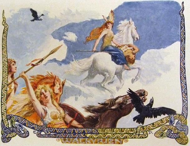 Depiction of a number of valkyries riding flying horses holding the corpse of a man from Norse legend. (Emil Doepler / Public domain)