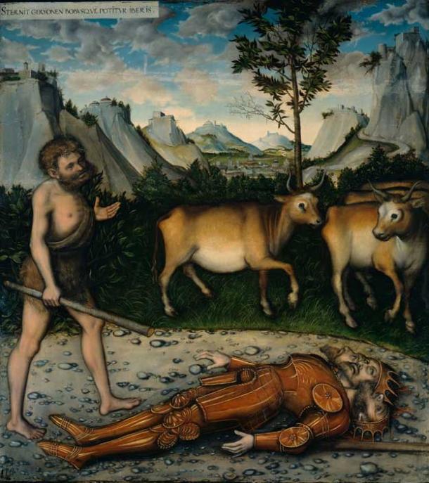 A victorious Hercules stands over the body of Geryon.