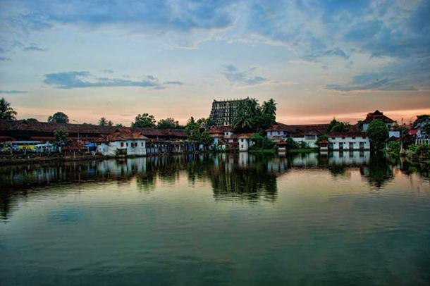 A view of the Padmanabhaswamy Temple complex from afar.