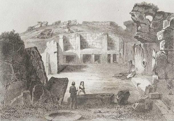 A view of the Ġgantija megalithic temple in Gozo, Malta, from the series L'Univers pictoresque. Augustin François Lemaître - Marie-Lan Nguyen (2013). (Public Domain).