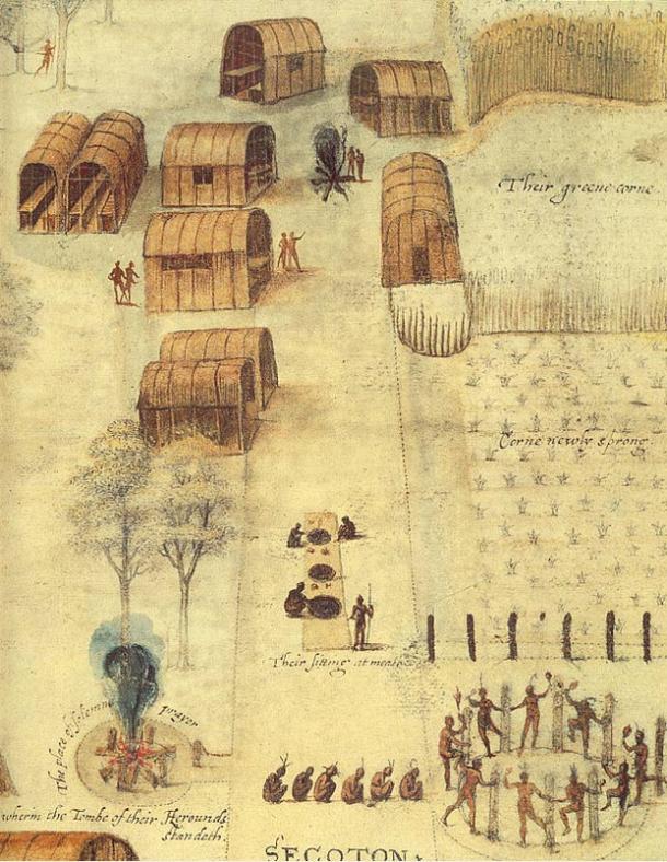 Село Секотон в Роанок, рисувано от заселник и художник управител Джон Уайт c.1585