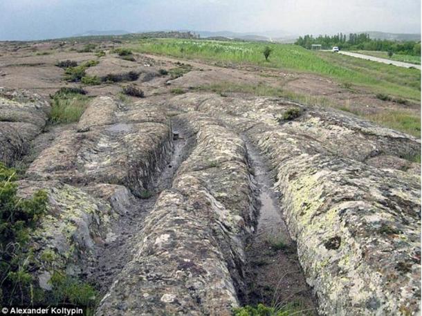 Repeated travel with vehicles eventually cut into the soft, volcanic rock in Turkey.